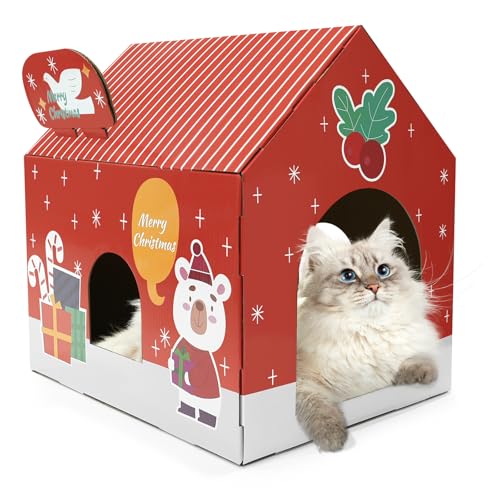 LIOOPET Weihnachtliches Katzenhaus aus Karton mit Kratzunterlage und Katzenminze, 38,1 x 30,5 x 38,1 cm, Katzenspielhaus für Indoor-Katzen, Weihnachtsdekoration, Kratzmatte für Kitty von LIOOPET