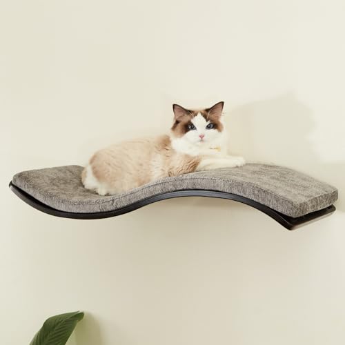 LIORCE Katzenregal mit bequemem Katzenkissen - Wave Modern Katzenbett - Minimalistisch Schwebende Katze Wand Sitzstange - Holz Wandmontierte Katzenmöbel zum Schlafen, Spielen, Klettern und Faulenzen, von LIORCE