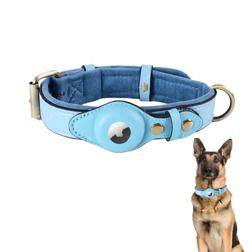 LIRUIR AirTag Hundehalsband Leder Strapazierfähiges verdicktes Plüsch Einstellbare Verlustprävention Tracker Schutzhülle Perfekte Passform Airtag für kleine mittlere und große Hunde(Blau,L) von LIRUIR