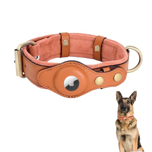 LIRUIR AirTag Hundehalsband Leder Strapazierfähiges verdicktes Plüsch Einstellbare Verlustprävention Tracker Schutzhülle Perfekte Passform Airtag für kleine mittlere und große Hunde(Braun,L) von LIRUIR