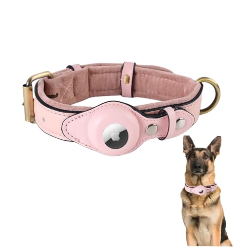 LIRUIR AirTag Hundehalsband Leder Strapazierfähiges verdicktes Plüsch Einstellbare Verlustprävention Tracker Schutzhülle Perfekte Passform Airtag für kleine mittlere und große Hunde(Rosa,L) von LIRUIR