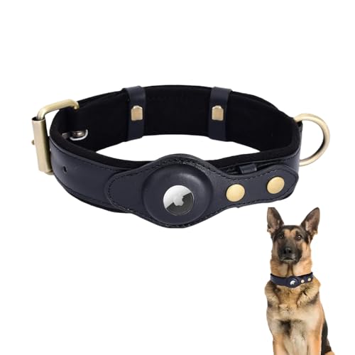 LIRUIR AirTag Hundehalsband Leder Strapazierfähiges verdicktes Plüsch Einstellbare Verlustprävention Tracker Schutzhülle Perfekte Passform Airtag für kleine mittlere und große Hunde(Schwarz,L) von LIRUIR