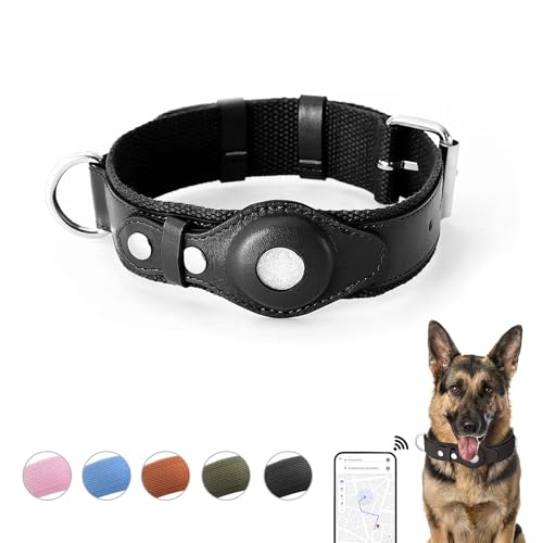 LIRUIR AirTag Verstellbares Hundehalsband aus weichem Leder für AirTag bietet doppelten Schutz und Haltbarkeit für Kleine Mittlere und Große Hunde(Schwarz,L) von LIRUIR