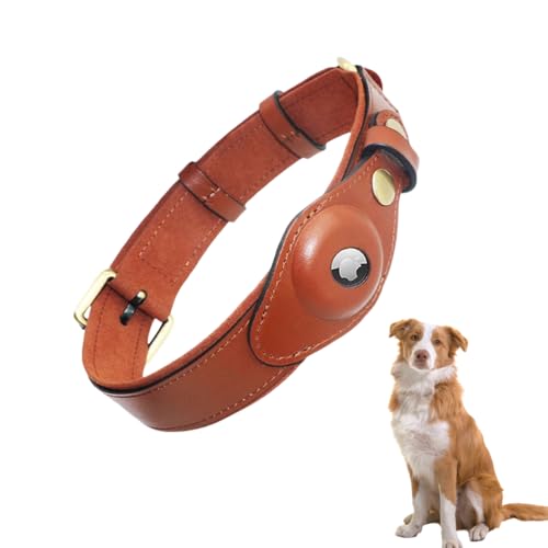 LiRui.R Airtag Hundehalsband Hundehalsband aus Leder mit weicher Polsterung Einstellbar um Verlust zu verhindern Für kleine, mittlere und große Hunde(Braun,L) von LIRUIR