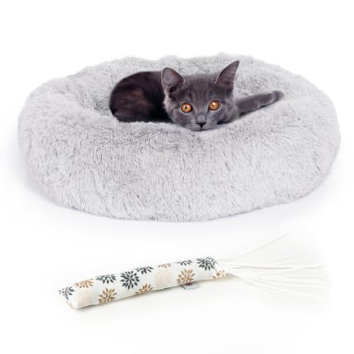 LITTLE LORD | Premium Bundle-Set Katzenbett flauschig, Katzenkörbchen flauschig inkl. der hochwertigen CanadianCat Spielrolle mit Katzenminze, Hellgrau, ca. Ø 50 cm von LITTLE LORD