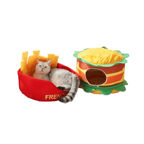 Adorables Katzenbett Set - Fast Food Design Burger und Pommes - Gemütliche, Plüschige und Weiche Haustierhäuser, Lounger, Nester und Höhlen - Perfekt für Hauskatzen und Kleine Hunde(Fries burger set) von LIXQQS