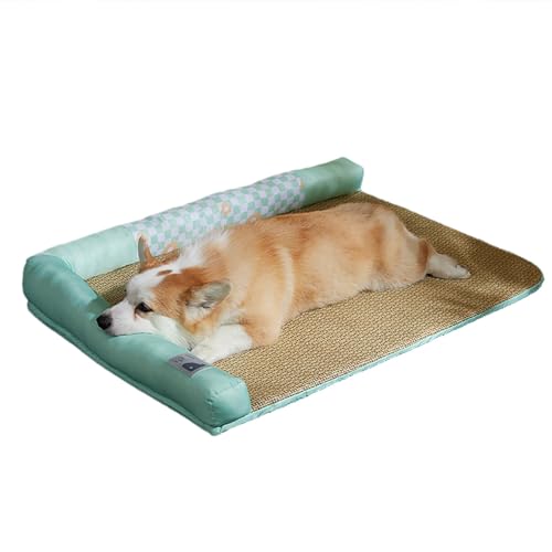 Kühlmatte für Haustiere, Atmungsaktives Sommerbett für Katzen und Hunde, Natürliche Bambus-Kühlmatte mit Bequemem L-förmigem Kissen, Ungiftig und Leicht zu Reinigen(Green,M-50 * 40) von LIXQQS