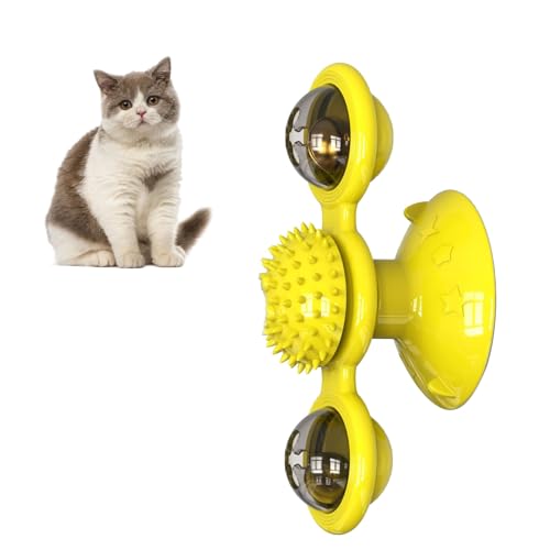 LIZEALUCKY Windmühle Katzenspielzeug, Windmühle, interaktives Spielzeug, drehbar, multifunktional, Kätzchenkamm, Wandhalterung, lustige Katzen mit rotierendem Ball für die Tür (Yellow) von LIZEALUCKY