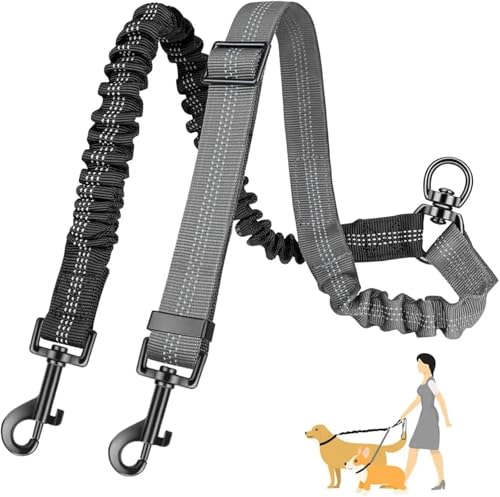 Leine Hund 16 Fuß Lange Doppelleinenbefestigung – Doppelleinen for das Training Kleiner bis großer Hunde – Verstellbarer Riemen, stoßdämpfender Bungee(Gray) von LIZHAYG