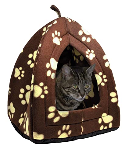 Katzenhöhle Bett Iglu Haustierbett 2 in 1 Faltbar Bequem Dreieck Haustier Katzen Kittbe Bett Zelt Haus Kleine Katzen Welpen Hunde Zelt Bett Haus Waschbar Tragbar Gemütlich Fleece Höhle Versteck (Braun) von LIZZIE JACOBS