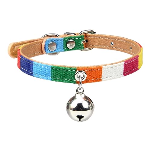 LJFEA Rainbow Collar: Verstellbares Halsband mit Glocke aus natürlichem Hanf, sicher und langlebig für Katzen und kleine Hunde. (mit Glocke, Größe M 35cm) von LJFEA