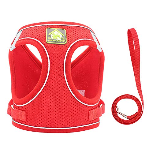 LJJ Hundegeschirr Air Mesh Reflektierende Verstellbare Atmungsaktive Brustgeschirr, mit 1.5M Hundeleine Führleine Schleppleine,Red-30X34cm von LJJ