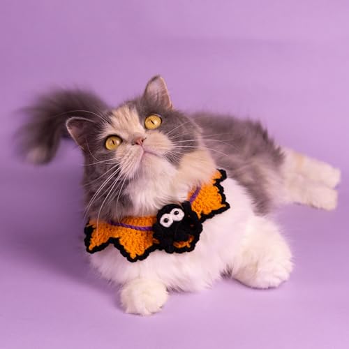 Halloween-Katzenkostüm, Halsband, lustig, handgefertigt, gestrickt, gehäkelt, Lätzchen für Katze und Hund, Kürbis, Teufel, Spinne, Fledermäuse, Hut, niedliches Outfit, Welpen, Kätzchen, Bekleidung von LJJDMI