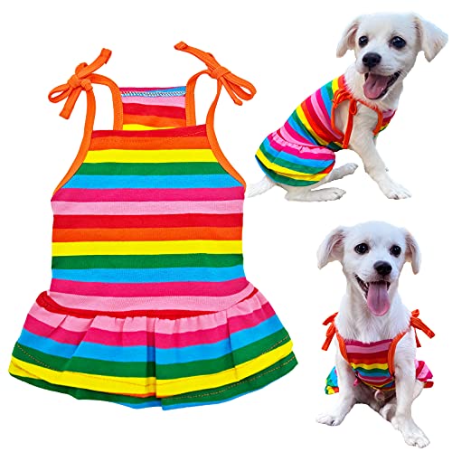 Hundeshirt Regenbogen Gestreifte Welpenkleider Kleidung Stolz Prinzessin Kleid Haustier Ärmellose Weste T-Shirt, Sommerrock Niedliche Mädchen Haltegurt Kleid Outfits für kleine mittelgroße Hunde Katzen Top Kostüm Atmungsaktive Bekleidung von LKEX