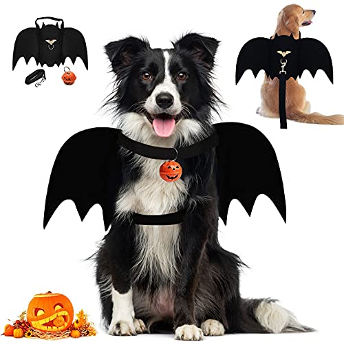 LKEX Fledermausflügel, Halloween-Kostüm für mittelgroße und große Hunde, lustige Fledermaus-Flügel, Hundekleidung mit Leinen und Kürbisglocken, Outfits, Cosplay-Kleidung (groß) von LKEX