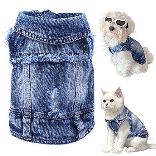 LKEX Hunde-Jeansjacke, kühles und weiches Hemd, Haustier-blauer Denim-Mantel, klassische Revers-Westen, modische Kleidung für kleine mittelgroße Hunde Katzen (XS) von LKEX