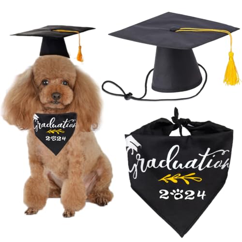 LKEX Pet Graduation Caps mit Bandana Fliege Krawatte Halsband Schal Kleine Hunde Graduation Hüte mit gelber Quaste Kostüm für Hunde Katzen Urlaub Kostüm Zubehör Hut + Bandana von LKEX