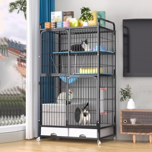 Großer Katzenkäfig, DIY-Haustierhaus für den Innenbereich, Katzengehege, Abnehmbarer Laufstall, mit Katzentoilette und Rollendesign(Black) von LKPMGOA