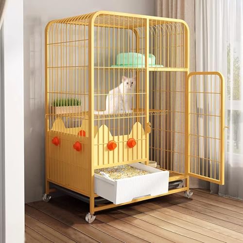 LKPMGOA Großer Katzenkäfig mit Türen, Katzengehege Katzenkiste, Katzenhäuser für Hauskatzen, mit Katzentoilette und Rollendesign(Yellow,78x55x108cm) von LKPMGOA