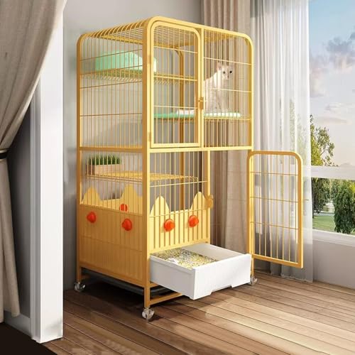 LKPMGOA Großer Katzenkäfig mit Türen, Katzengehege Katzenkiste, Katzenhäuser für Hauskatzen, mit Katzentoilette und Rollendesign(Yellow,78x55x133cm) von LKPMGOA