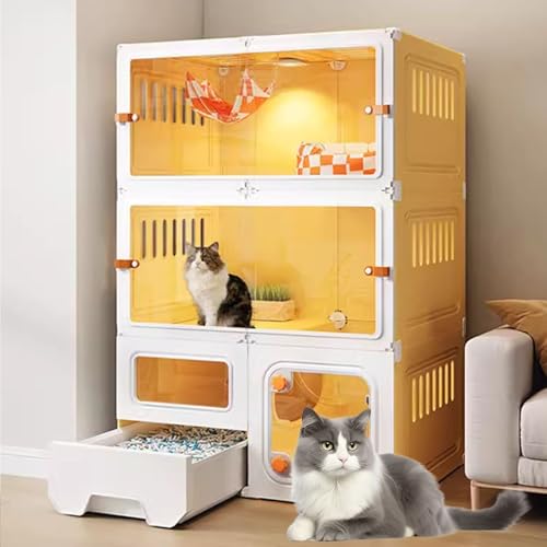 LKPMGOA Katzengehege für Drinnen, Katzenkäfige für Drinnen mit Katzentoilette, Katzenkäfig für Drinnen, Komplettes Zubehör, Erweiterungsraum(Yellow,70x45x105cm) von LKPMGOA