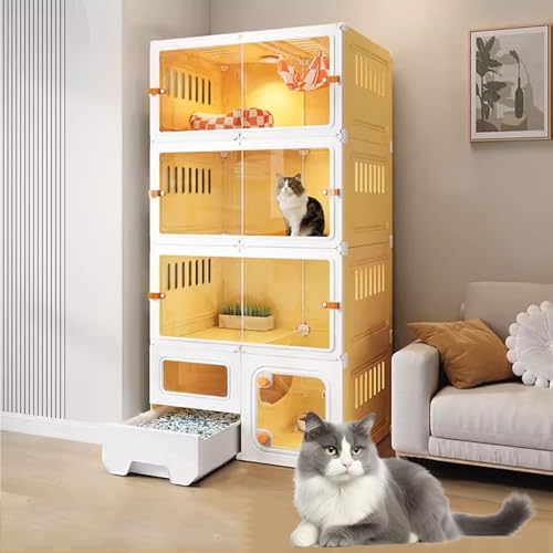 Katzengehege für Drinnen, Katzenkäfige für Drinnen mit Katzentoilette, Katzenkäfig für Drinnen, Komplettes Zubehör, Erweiterungsraum(Yellow,70x45x140cm) von LKPMGOA