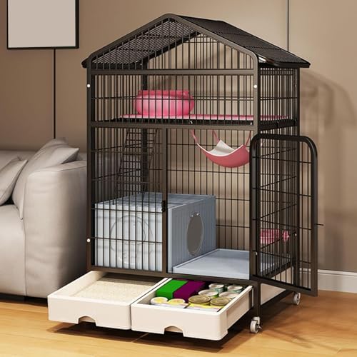 LKPMGOA Katzengehege für Katzen, Katzenvilla für Drinnen, Laufstall für Katzenkäfig aus Metall, mit Geschlossener Katzentoilette + Aufbewahrungsbox(Black,83x59x136cm) von LKPMGOA