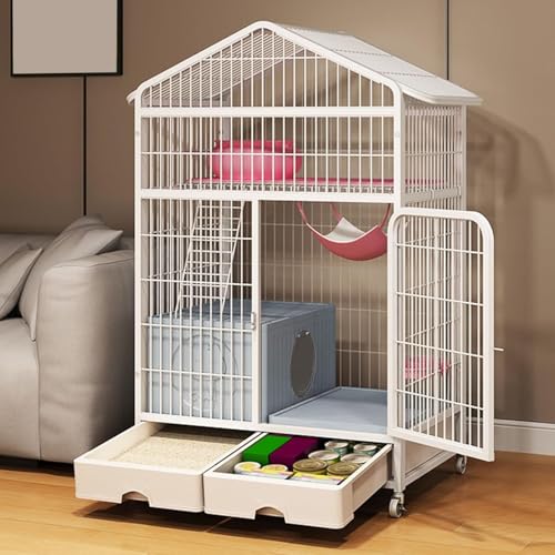 LKPMGOA Katzengehege für Katzen, Katzenvilla für Drinnen, Laufstall für Katzenkäfig aus Metall, mit Geschlossener Katzentoilette + Aufbewahrungsbox(White,83x59x136cm) von LKPMGOA