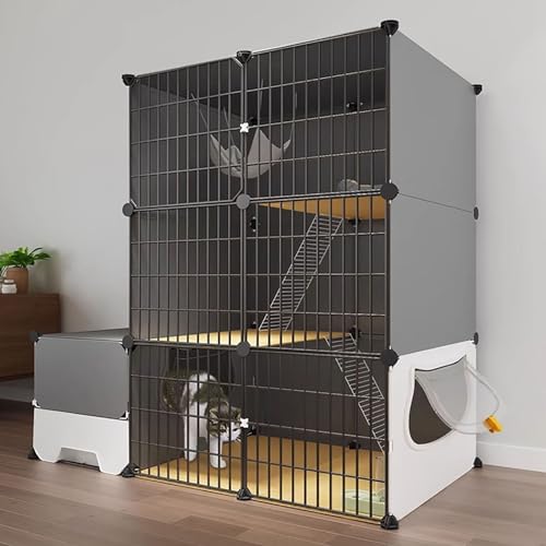 LKPMGOA Katzenkäfig für Katzen im Innenbereich, 3-stöckig, DIY-katzengehege, mit Katzentoilette, PVC-Platte, Leicht zu Waschen, Idealer Übungsort für Katzen (Size : 111x49x109cm) von LKPMGOA