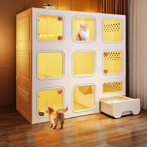 LKPMGOA Katzenkäfige für Drinnen mit Katzentoilette, Katzengehege für Drinnen, Käfig für Katzen, Komplettes Zubehör, Erweiterungsraum(Yellow,105x45x105cm) von LKPMGOA