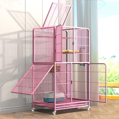 LKPMGOA Katzenkfig Cat Condo mit Rädern, Katzenkäfig Großes Katzenhaus, DIY-Katzenlaufstall aus Metall, Abnehmbares Tablett(Pink,78x55x137cm) von LKPMGOA