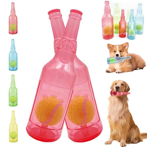 LLELEMAMO Crunch Play Bottle Toy, Crunchnplay Bottle Toy for Dogs, 9.7"/7.7" Rubber Water Bottle Dog Toy, Interesting Squeaky Dog Toys, Outdoor Interactive Dog Chew Toy with Tennis Ball (2*Red,Large) von LLELEMAMO