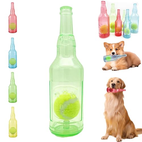 LLELEMAMO Crunch Play Bottle Toy, Crunchnplay Bottle Toy for Dogs, 9.7"/7.7" Rubber Water Bottle Dog Toy, Interesting Squeaky Dog Toys, Outdoor Interactive Dog Chew Toy with Tennis Ball (Green,Large) von LLELEMAMO