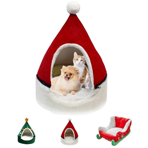 LLELEMAMO Interesting Red Christmas Cat Dog Bed, Pet Sleigh Bed, Sofa, Indoor and Outdoor Festive Plush Cozy Dog Bed, Washable and Highly Durable, Christmas Dog beds for medium small Dogs (Red House) von LLELEMAMO