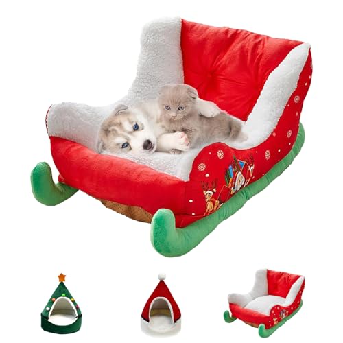 LLELEMAMO Interesting Red Christmas Cat Dog Bed, Pet Sleigh Bed, Sofa, Indoor and Outdoor Festive Plush Cozy Dog Bed, Washable and Highly Durable, Christmas Dog beds for medium small Dogs (Sleigh) von LLELEMAMO