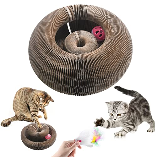 LLGLEU Magic Kratzpappe für Katzen, 2-in-1 Kratzmatte mit Glöckchen und Spielmaus, Katzenspielzeug Rund Bett, Cat Scratching Board, Recyceltes Wellpappenpapier Interaktives Kratzspielzeug pappe von LLGLEU