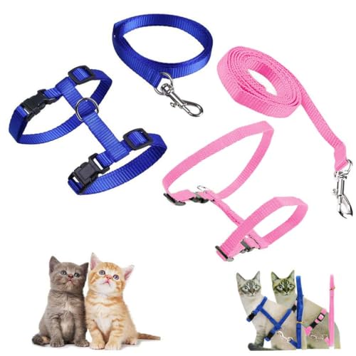 2 Stück Verstellbare Nylon Geschirre Katzenleine,Geschirre Katzenleine Kätzchenhalsband,Weiche Katzengeschirr mit Leine für Kätzchen Welpe Hase(blau und rosa） von LLGSDLL