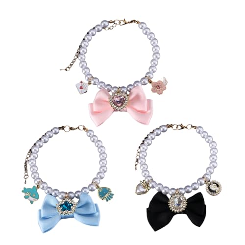 LLHCF Schleifen-Perlen-Halsketten für Katzen, Kristall-Halsbänder, Haustier-Halsband, Anzug, Strass, Schmuckstein-Halskette, Prinzessinnenhalsband von LLHCF