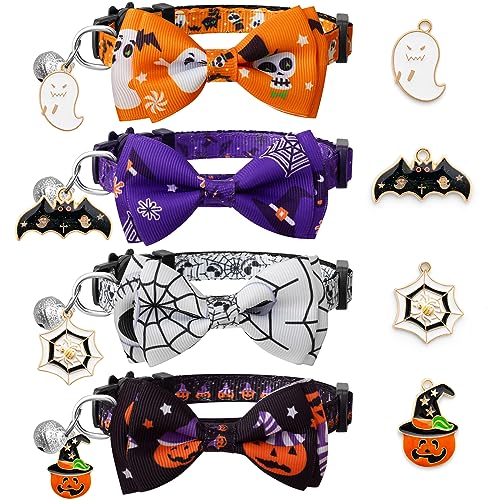 LLHK Halloween-Katzenhalsband mit Fliege und Glöckchen, Breakaway-Kätzchen-Halsband für Mädchen, Jungen, Katzen, verstellbar, 17,8–30,5 cm, für Kätzchen, ausgewachsene Katzen, Haustierbedarf, 4 Stück von LLHK