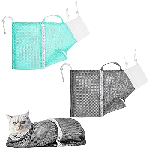 LLMSIX 2 x Katzen-Badetasche, verstellbare Katzenpflege-Netztasche, atmungsaktive Katzen-Duschtasche für Katzen, Fessel, Waschen, Baden, Nageltrimmen, Injektion, Medizineinnahme (grün, grau) von LLMSIX