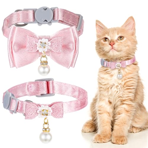 2 x rosa Katzenhalsband, niedliches Katzenhalsband mit Perle, verstellbares Katzenhalsband mit Schleife, Katzenhalsband, Rosa, Spitzenschleife, Perlen, Katzenhalsband, 20,3–26,7 cm, für Katzen und von LLOUSSAK