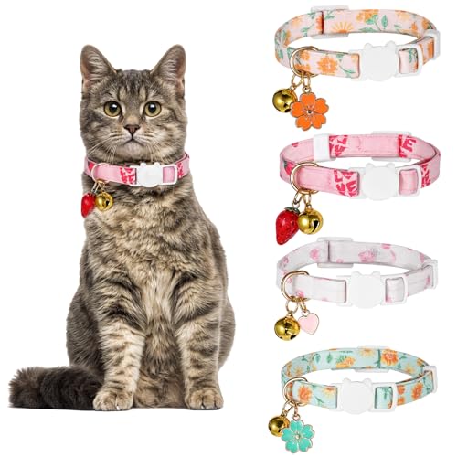 4Styles Süßes Katzenhalsband mit Glöckchen, Baumwoll-Katzenhalsband, verstellbares Kätzchen-Halsband, Herz-Erdbeer-Blumen-Anhänger, Mädchen, Katzenhalsbänder für Katzen und Kätzchen von LLOUSSAK