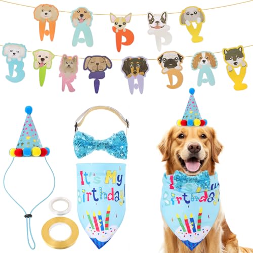 Hunde Geburtstag Hut Bandana Set, Hund Geburtstagparty Zubehör Kit Hunde Geburtstaghut Hunde Geburtstag Bandana Banner Hund Geburtstagsjunge Geburtstag Hund Party Dekoration Zubehör von LLOUSSAK