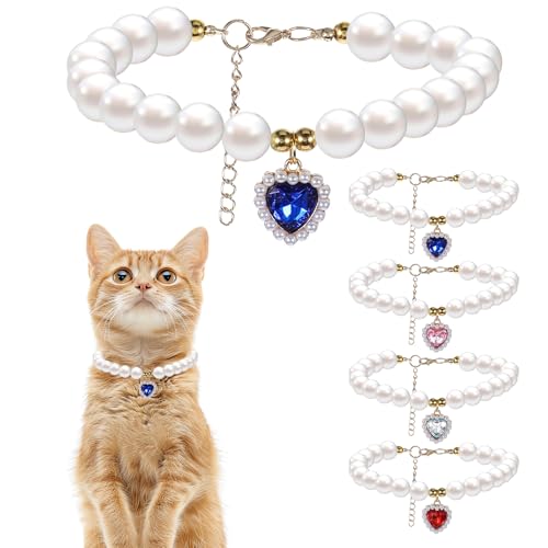 Katzenhalsband mit Perlen für Mädchen und Katzen, niedliches Herz, Strass, verstellbar, glitzernde Katzenperlen, Halsband für Katzen, Hunde, Haustiere, Hochzeit, Party, Schmuckzubehör von LLOUSSAK