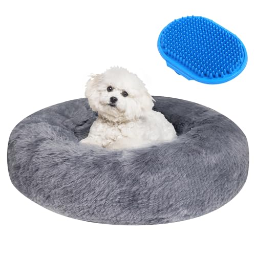 LM BODYCARE Hunde- und Katzenbett, beruhigendes Donuts, warmes, gemütliches, weiches rundes Bett, flauschiges Kunstfell-Plüschkissenbett für kleine, mittelgroße Hunde und Katzen (50,8 cm, Marinegrau) von LM BODYCARE