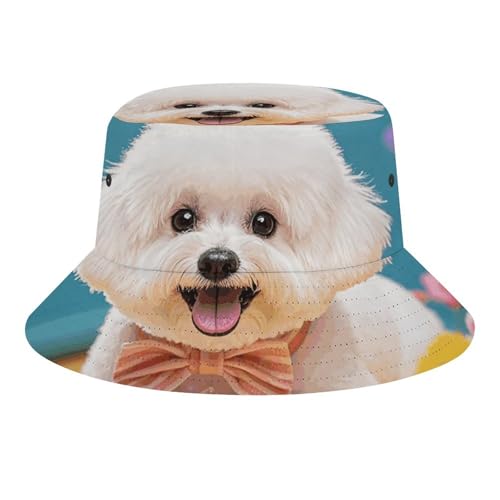 Uni Fischerhut, lässiger Fischerhut, lustig, niedlich, Bichon Frisé, Hund, Druck, Fischerhut, Persönlichkeit, stilvolle Fischerhüte für Erwachsene, niedlicher Bichon-Frisé-Hund, Größe M von LMNGH