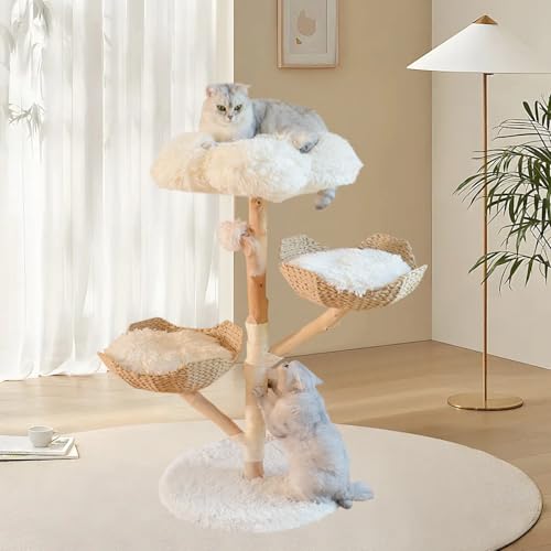 Echt Holz Modern Katzenbaum Turm für Indoor Katzen Groß Erwachsene, Holz Katzenturm mit Kratzbaum und Bett, Einzigartiger Handgefertigter Ästhetischer Kratzbaum mit Echtholzzweigen, Luxus Boho von LMRXOFE