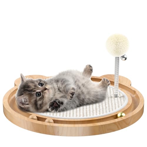 Katzenspielzeug, Katzenkratzer, Katzenspielzeug für Indoor-Katzen, Natursisal Katzenkratzbrett, Kätzchen Interaktives Katzenspielzeug mit Kugelbahn Federball, Beige von LMUGOOS