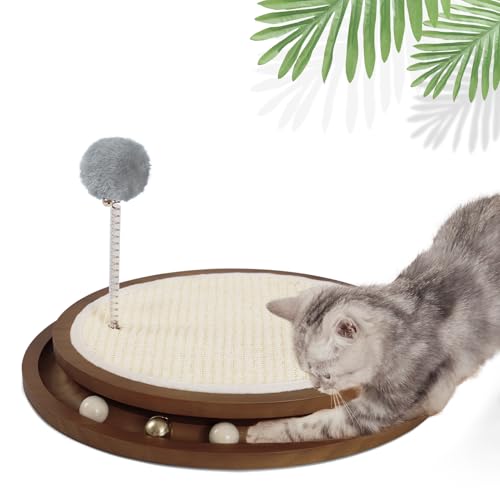 LMUGOOS Katzenkratzer, Katzenkratzkissen, natürliches Sisal, interaktives Spielzeug mit Kugelbahn, Federball für Jagd, geistige körperliche Übung, Puzzle-Walnuss von LMUGOOS