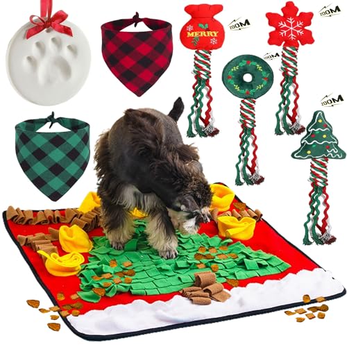 Lobeve Weihnachts-Hundespielzeug-Set, 8 Stück für kleine Hunde, Welpen-Kauspielzeug mit niedlichem Quietschspielzeug, Weihnachts-Hundehalstücher, Weihnachts-Pfotenabdruck-Ornament-Set, Schnüffelmatte von LOBEVE